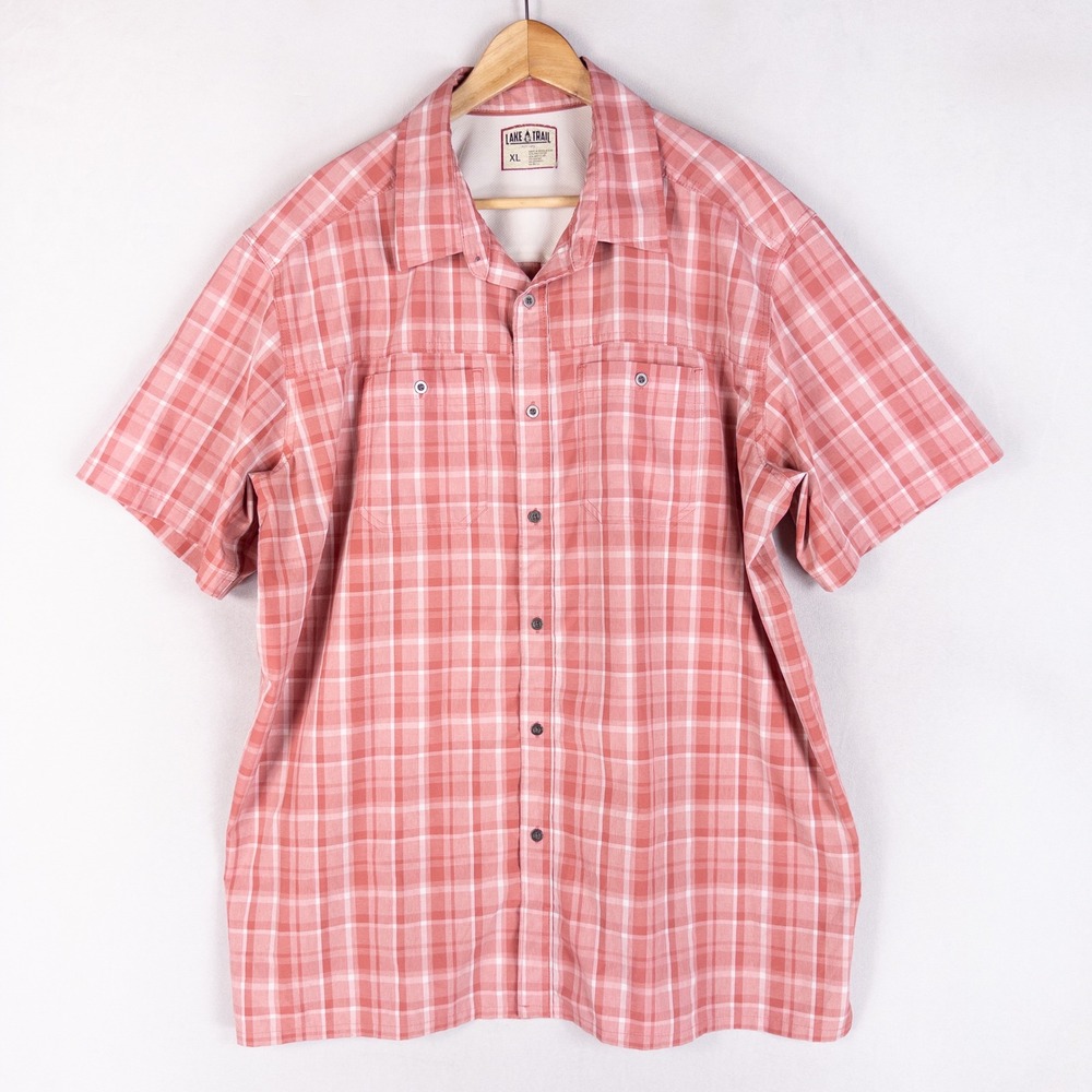 Lake & Trail Shirt Mens XL Red Plaid Button Up Short Sleeve Hiking Fishing